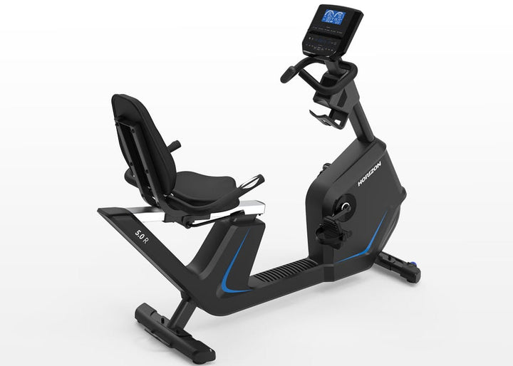 Horizon 5.0R Recumbent Bike – side view of the step-through frame and mesh seat back