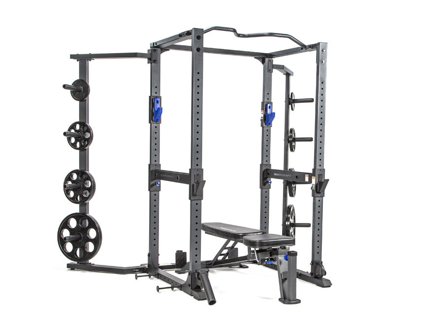 Bodycraft F730 Pro Power Rack – 3/4 view with optional bench (flat)