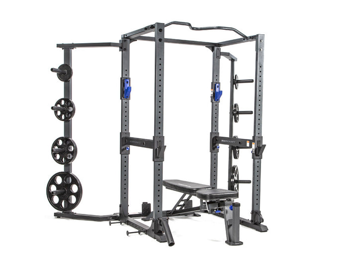 Bodycraft F730 Pro Power Rack – 3/4 view with optional bench (flat)