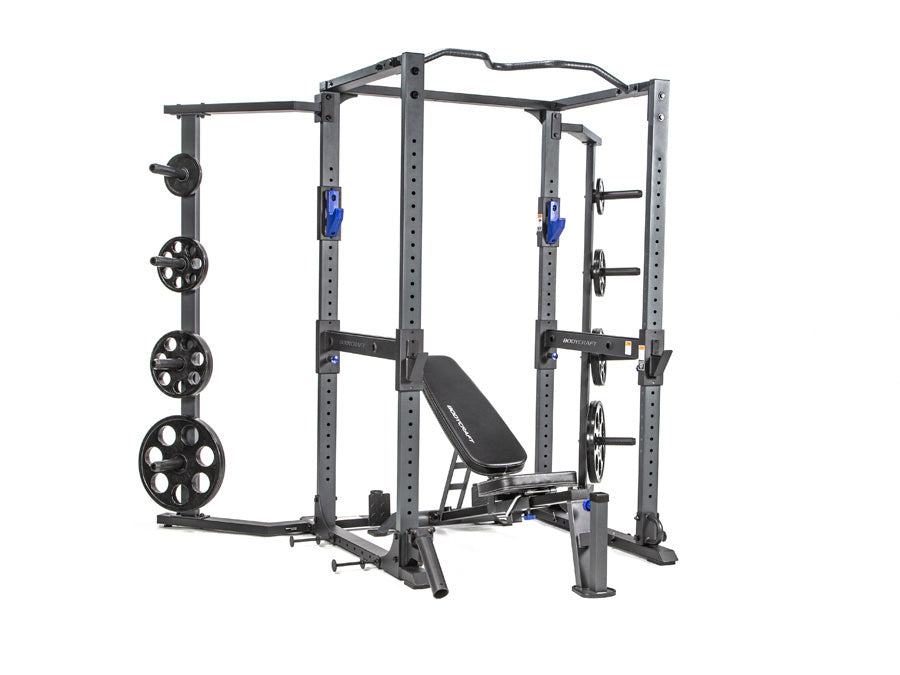 Bodycraft F730 Pro Power Rack – 3/4 view with optional bench (incline)