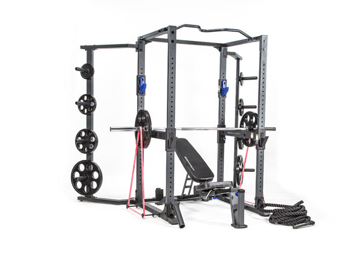 Bodycraft F730 Pro Power Rack – 3/4 view shown with optional bench, plate racks, landmine, dip handles and battle rope