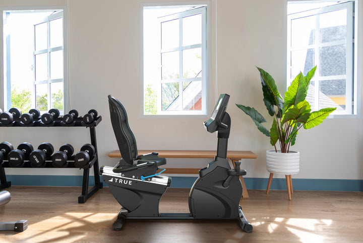 True Fitness Performance Series Recumbent Bike in a bright home gym – side view