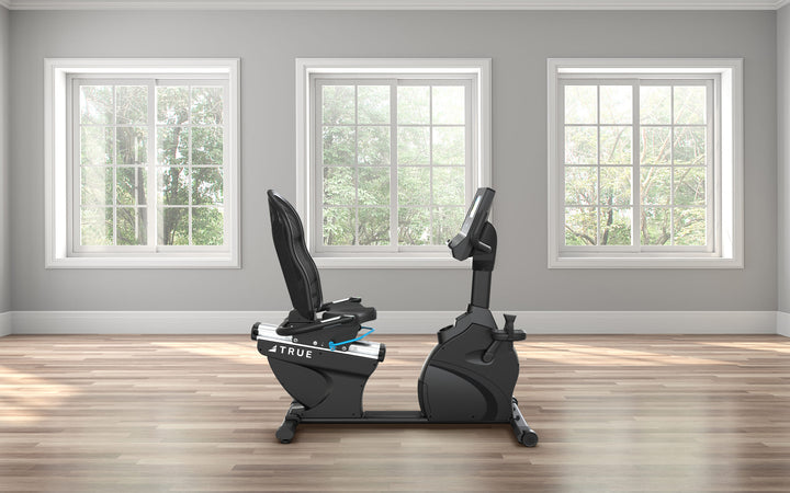 True Fitness Performance Series Recumbent Bike in a home gym – console and seat