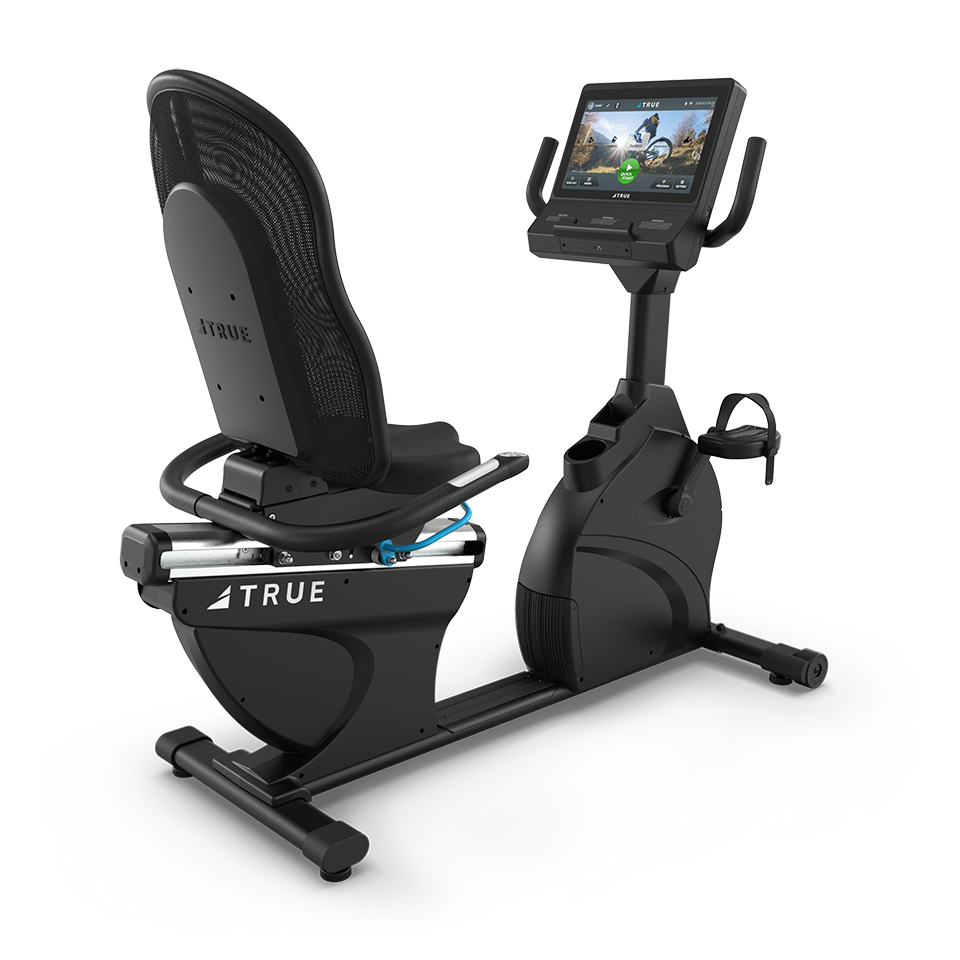 True Fitness Performance Series Recumbent Bike with 16″ touchscreen – rear 3/4 view