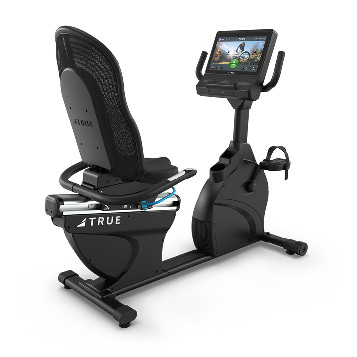 True Fitness Performance Series Recumbent Bike with 16″ touchscreen – rear 3/4 view