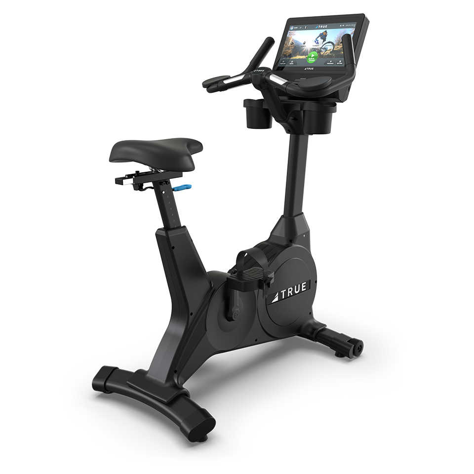 True Fitness Performance Series Upright Bike with 16″ touchscreen – rear 3/4 view