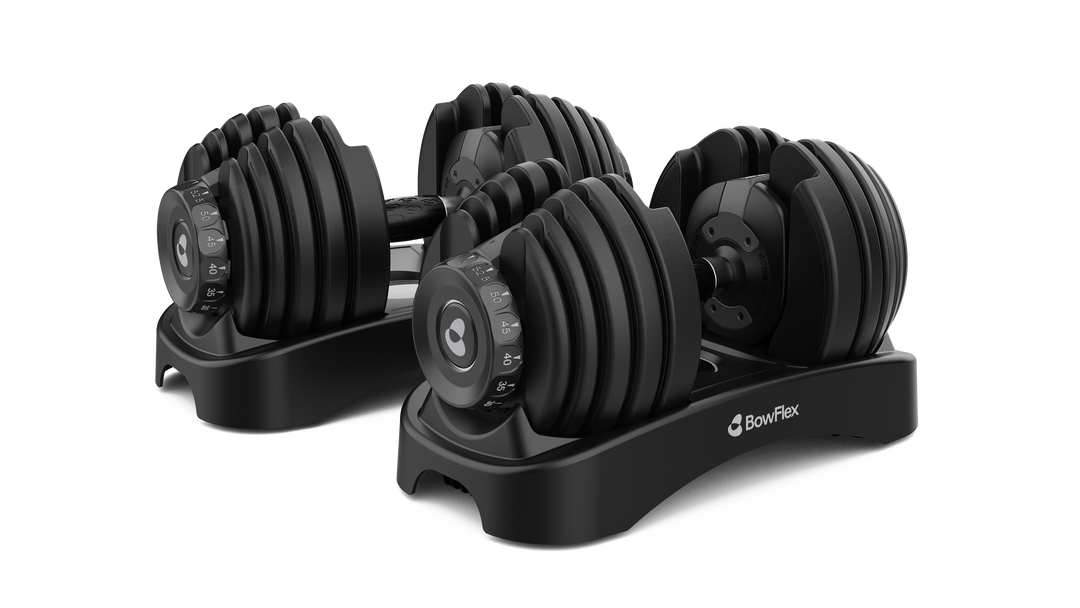 BowFlex SelectTech 552 adjustable dumbbells in trays