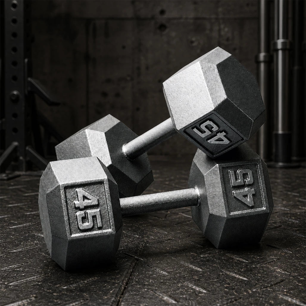Pair of cast iron hex dumbbells