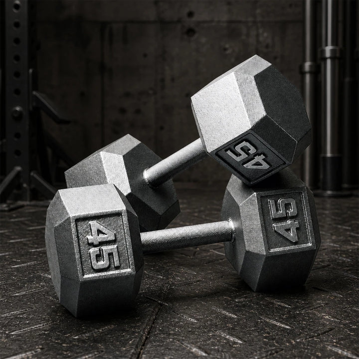 Pair of cast iron hex dumbbells