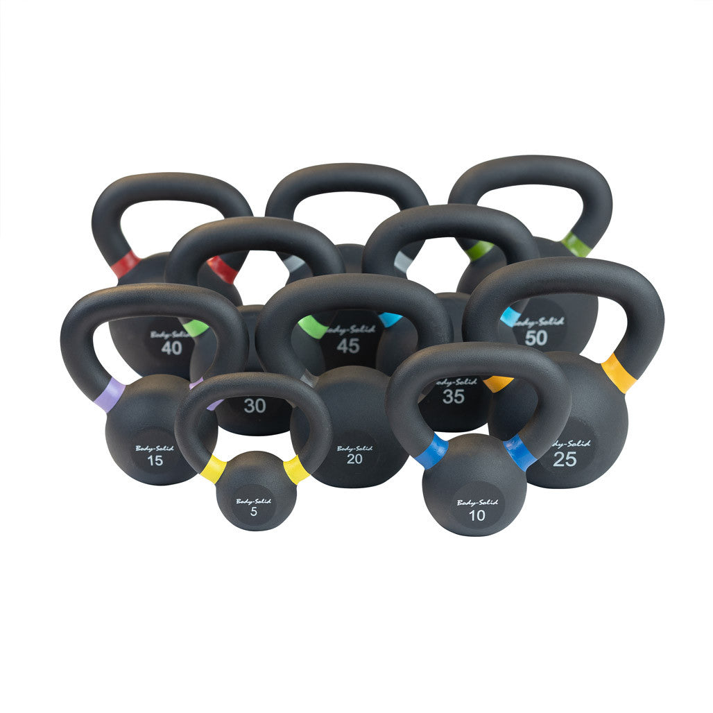 Matte black powder coat kettlebells, 5 to 50 lb