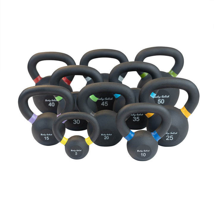 Matte black powder coat kettlebells, 5 to 50 lb