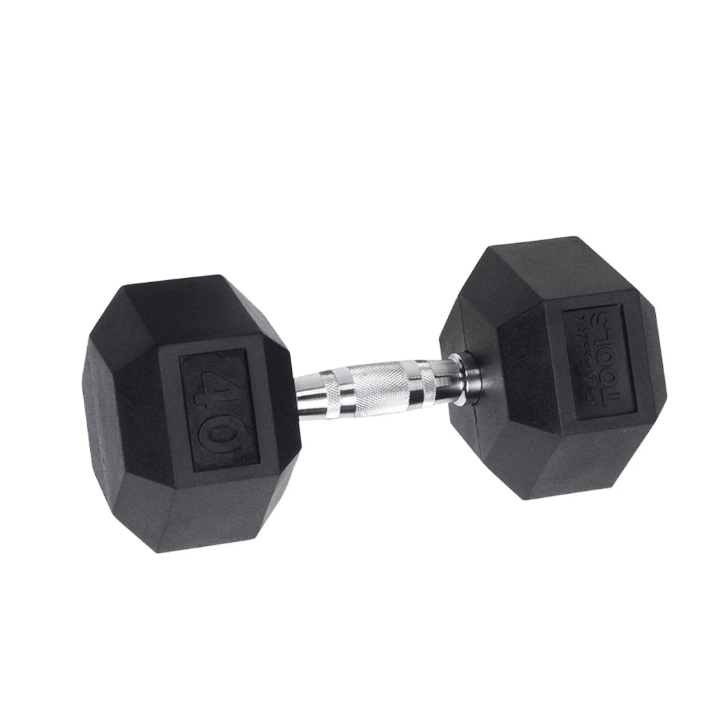 Black rubber hex dumbbell with a chrome handle