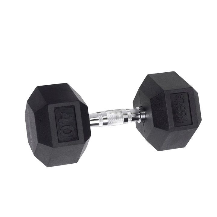 Black rubber hex dumbbell with a chrome handle