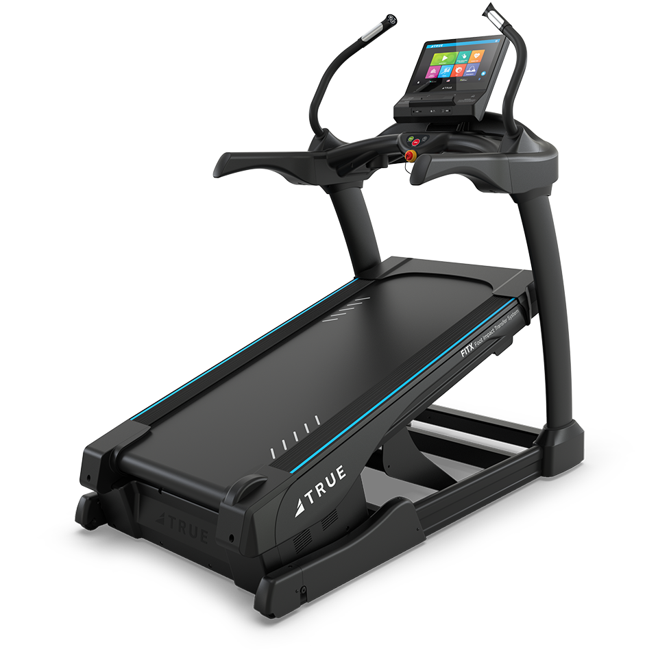 True Fitness Alpine Runner Incline Treadmill with 16″ touchscreen – rear 3/4 view