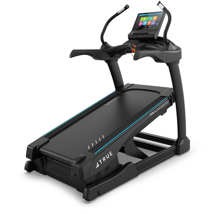 True Fitness Alpine Runner Incline Treadmill with 16″ touchscreen – rear 3/4 view
