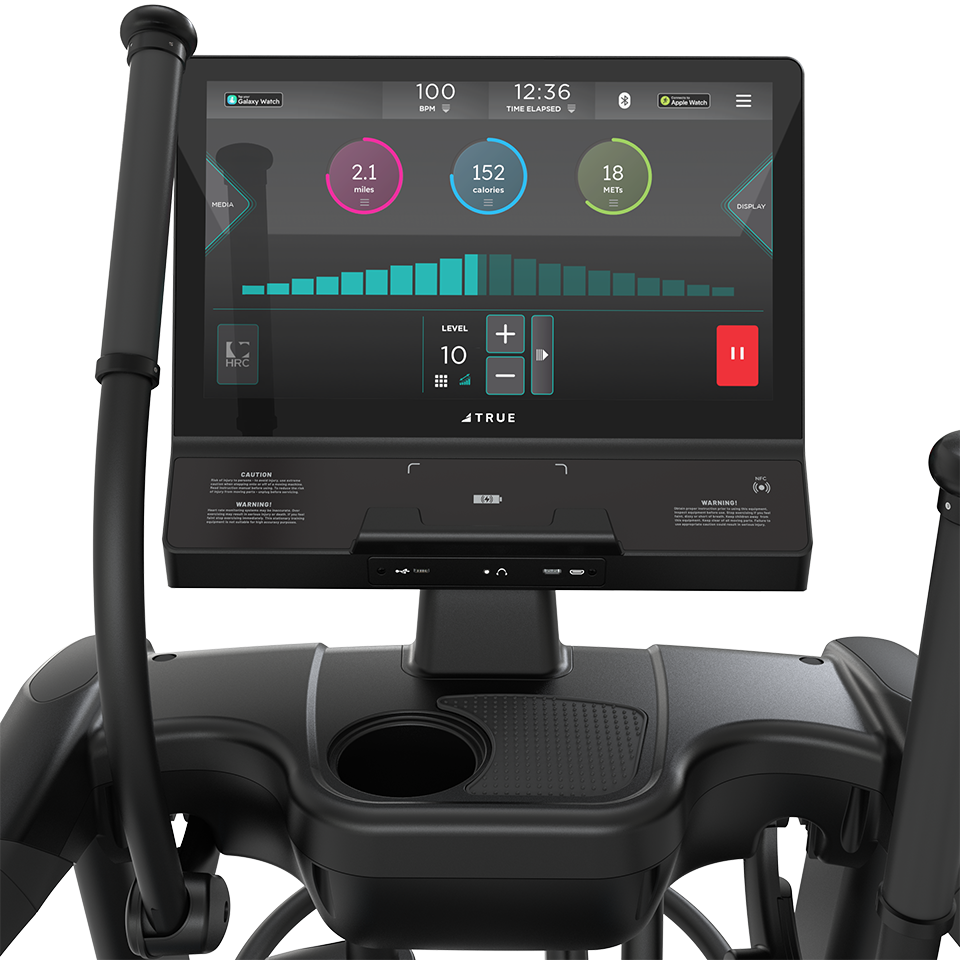 True Fitness Apex Elliptical – user view, Unite 22″ touchscreen