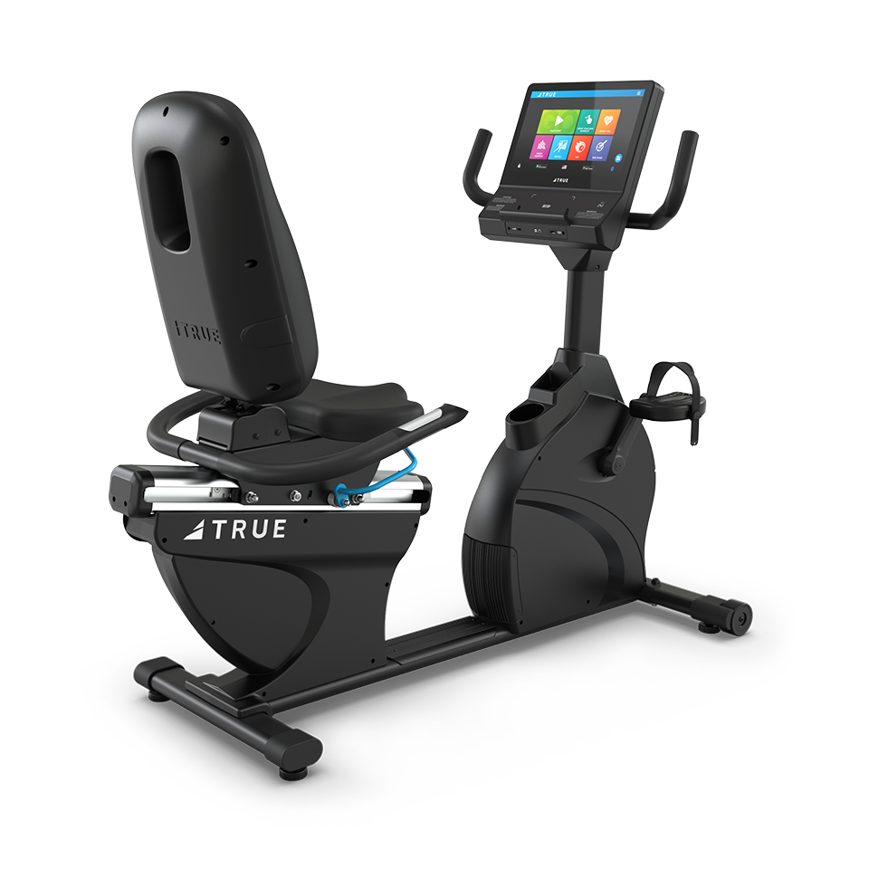 True Fitness Apex Recumbent Bike with 16″ touchscreen – rear 3/4 view