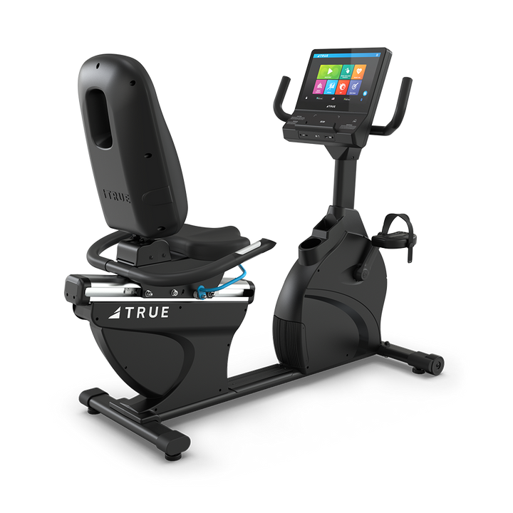 True Fitness Apex Recumbent Bike with 16″ touchscreen – rear 3/4 view