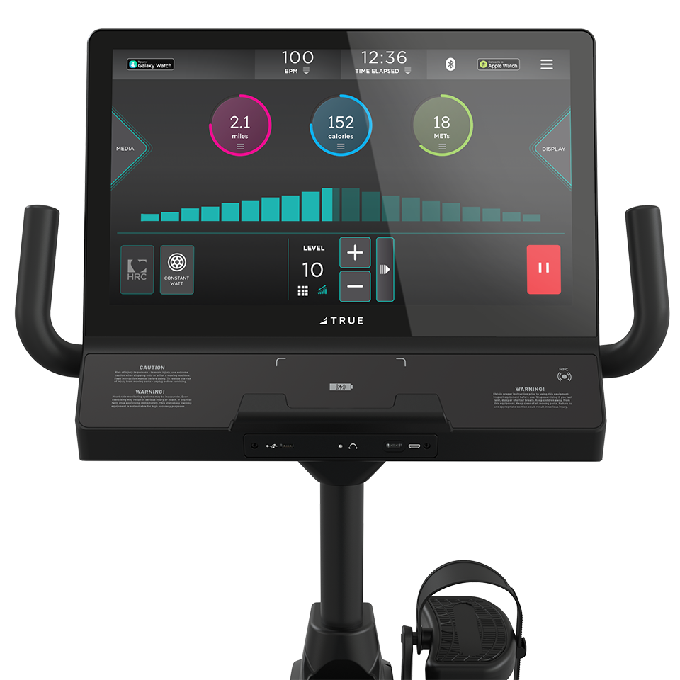 True Fitness Apex Recumbent Bike – user view, Unite 22″ touchscreen