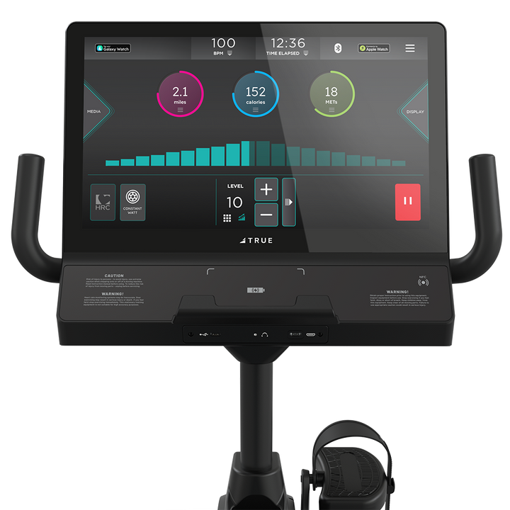 True Fitness Apex Recumbent Bike – user view, Unite 22″ touchscreen