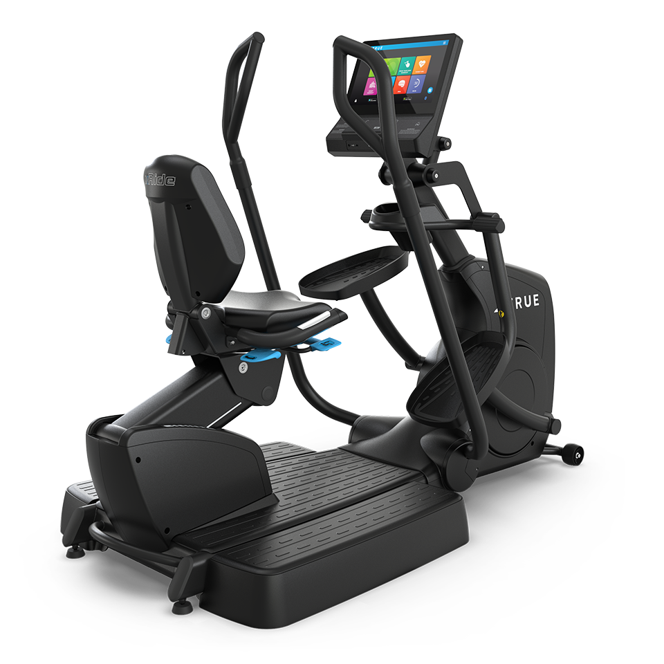 True Fitness Apex Recumbent Elliptical with 16″ touchscreen – rear 3/4 view
