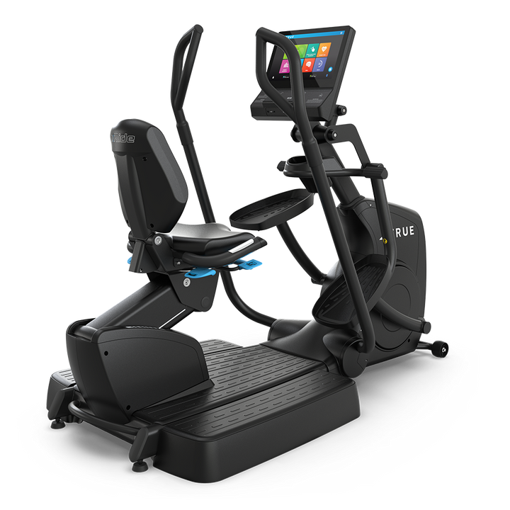 True Fitness Apex Recumbent Elliptical with 16″ touchscreen – rear 3/4 view