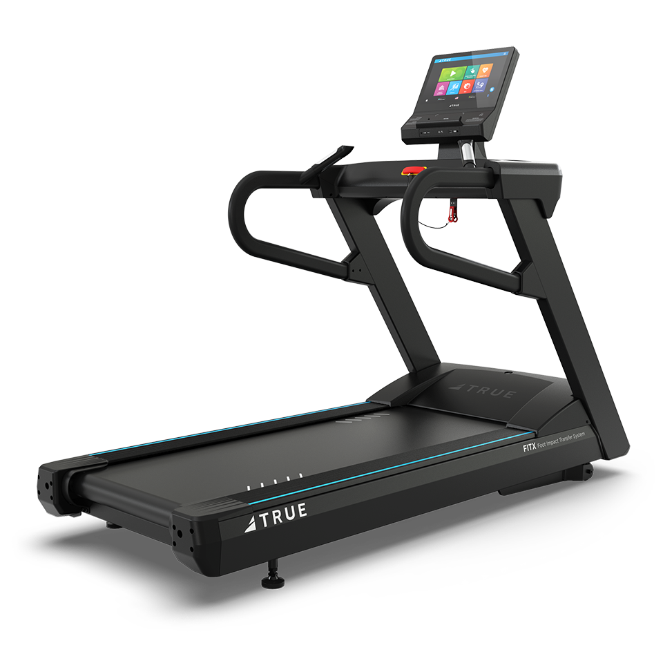 True Fitness Apex Treadmill with 16″ touchscreen – rear 3/4 view
