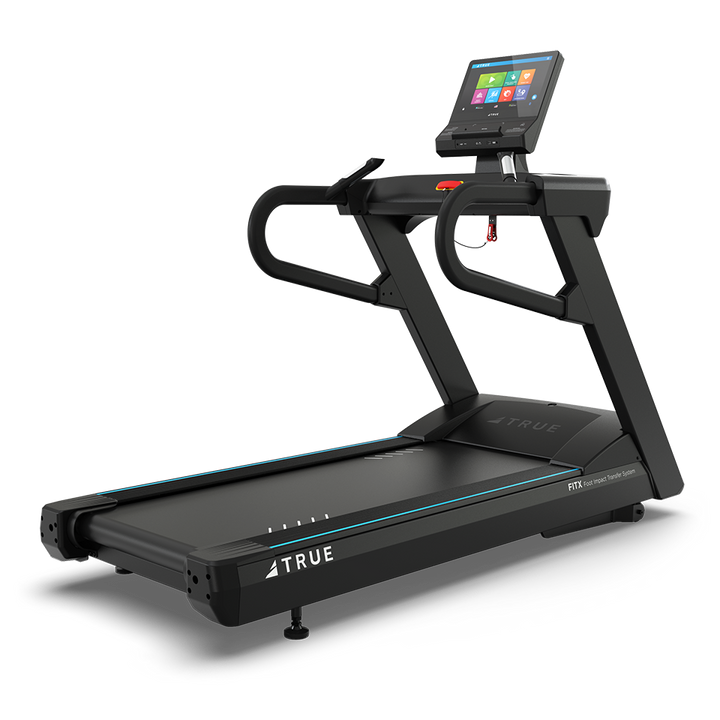 True Fitness Apex Treadmill with 16″ touchscreen – rear 3/4 view
