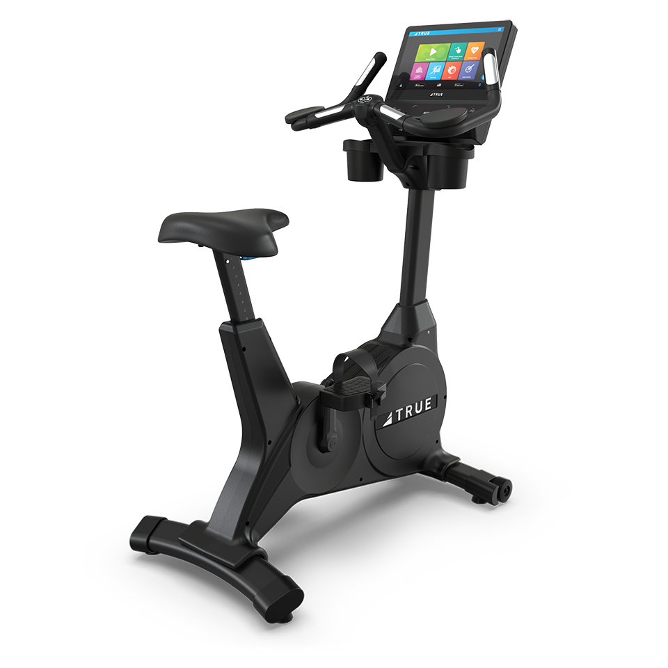 True Fitness Apex Upright Bike with 16″ touchscreen – rear 3/4 view