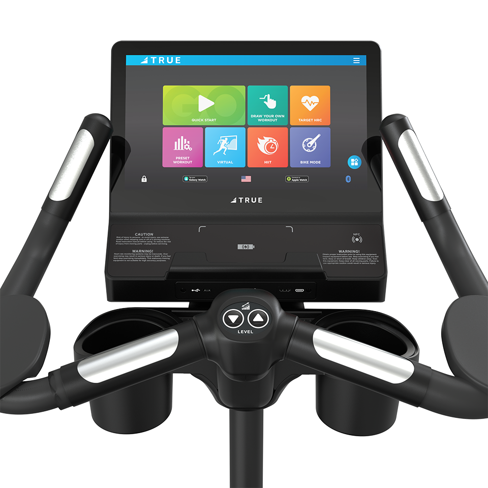 True Fitness Apex Upright Bike – user view, Unite 16″ touchscreen
