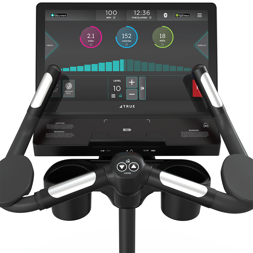 True Fitness Apex Upright Bike – user view, Unite 22″ touchscreen