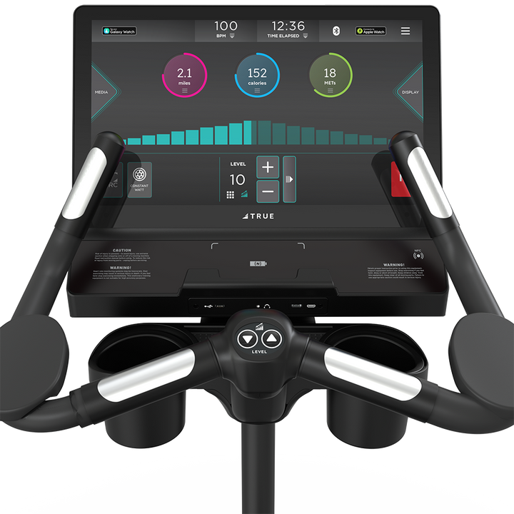 True Fitness Apex Upright Bike – user view, Unite 22″ touchscreen