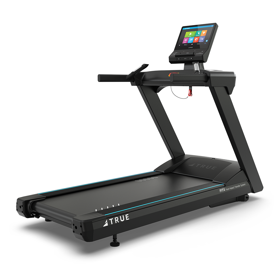 True Fitness Gravity Plus Treadmill with 16″ touchscreen – rear 3/4 view