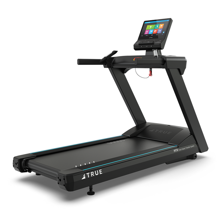 True Fitness Gravity Plus Treadmill with 16″ touchscreen – rear 3/4 view
