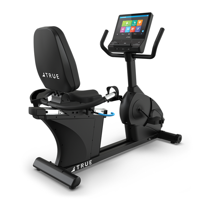 True Fitness Gravity Recumbent Bike with 16″ touchscreen – rear 3/4 view
