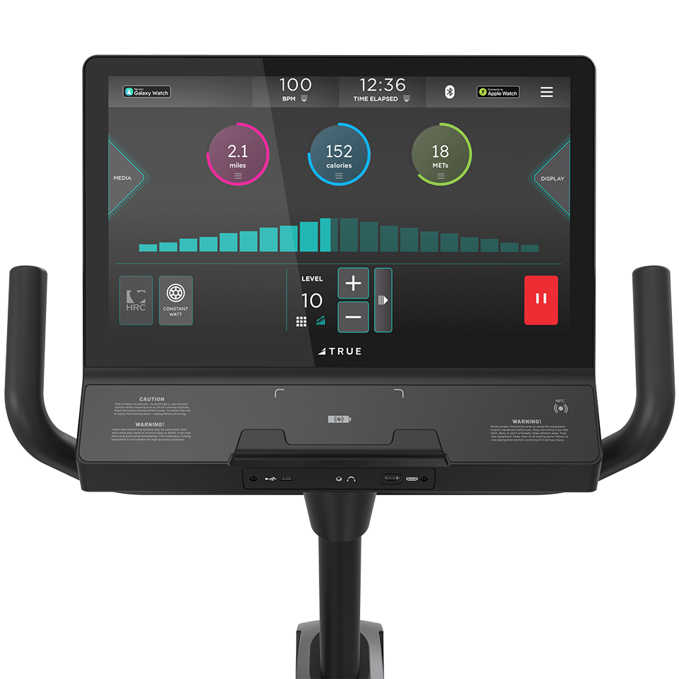 True Fitness Gravity Recumbent Bike – user view, Unite 22″ touchscreen