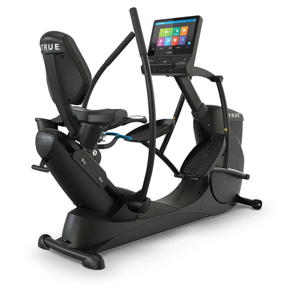 True Fitness Gravity Recumbent Elliptical with 16″ touchscreen – rear 3/4 view
