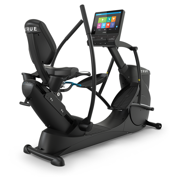 True Fitness Gravity Recumbent Elliptical with 16″ touchscreen – rear 3/4 view