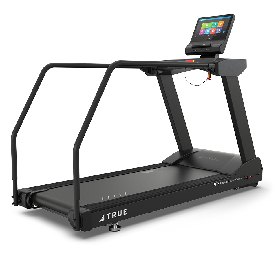 True Fitness Gravity Treadmill with optional medical handrails – rear 3/4 view