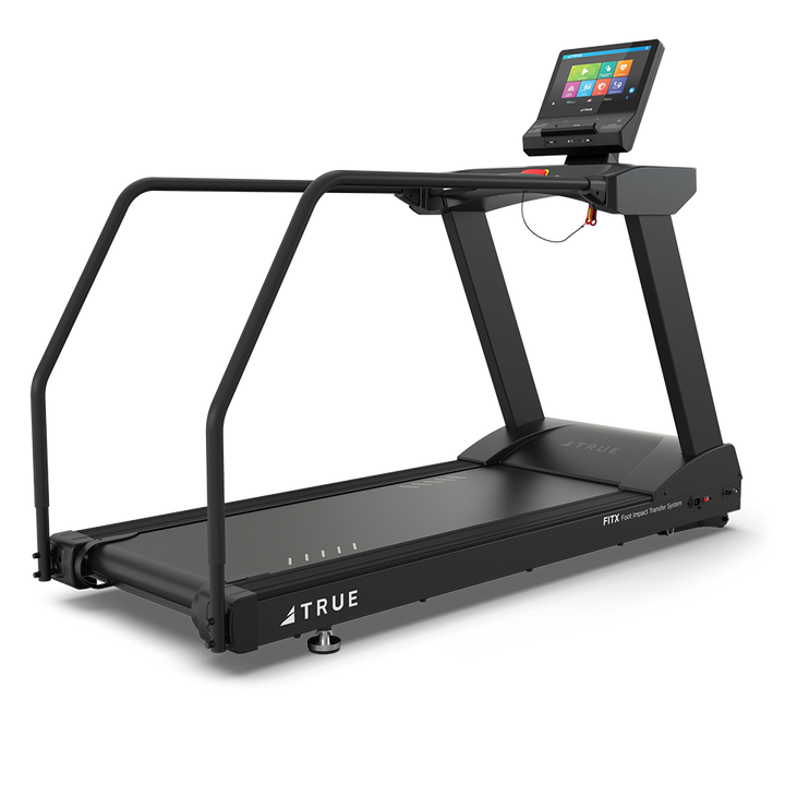 True Fitness Gravity Treadmill with optional medical handrails – rear 3/4 view