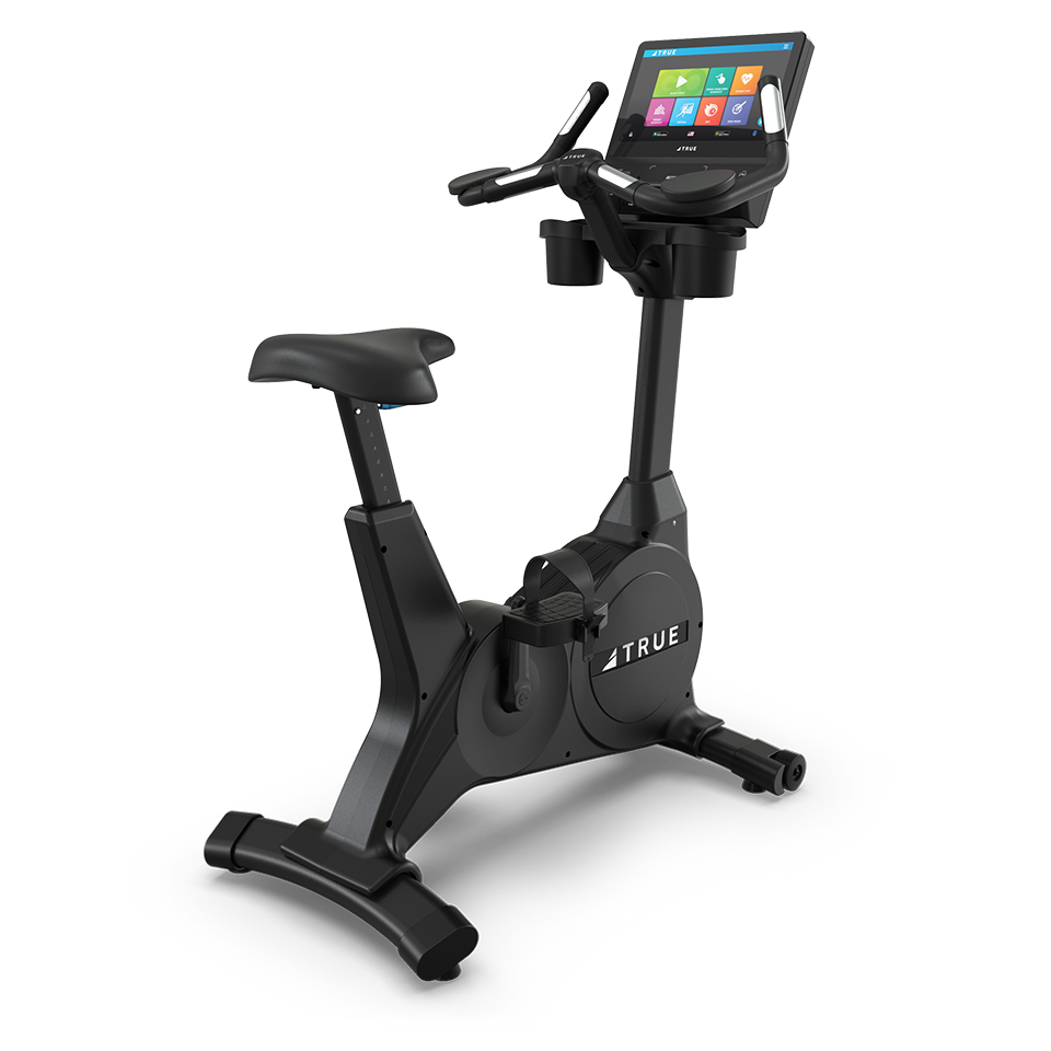 True Fitness Gravity Upright Bike with 16″ touchscreen – rear 3/4 view