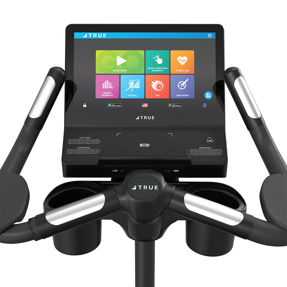 True Fitness Gravity Upright Bike – user view, Unite 16″ touchscreen