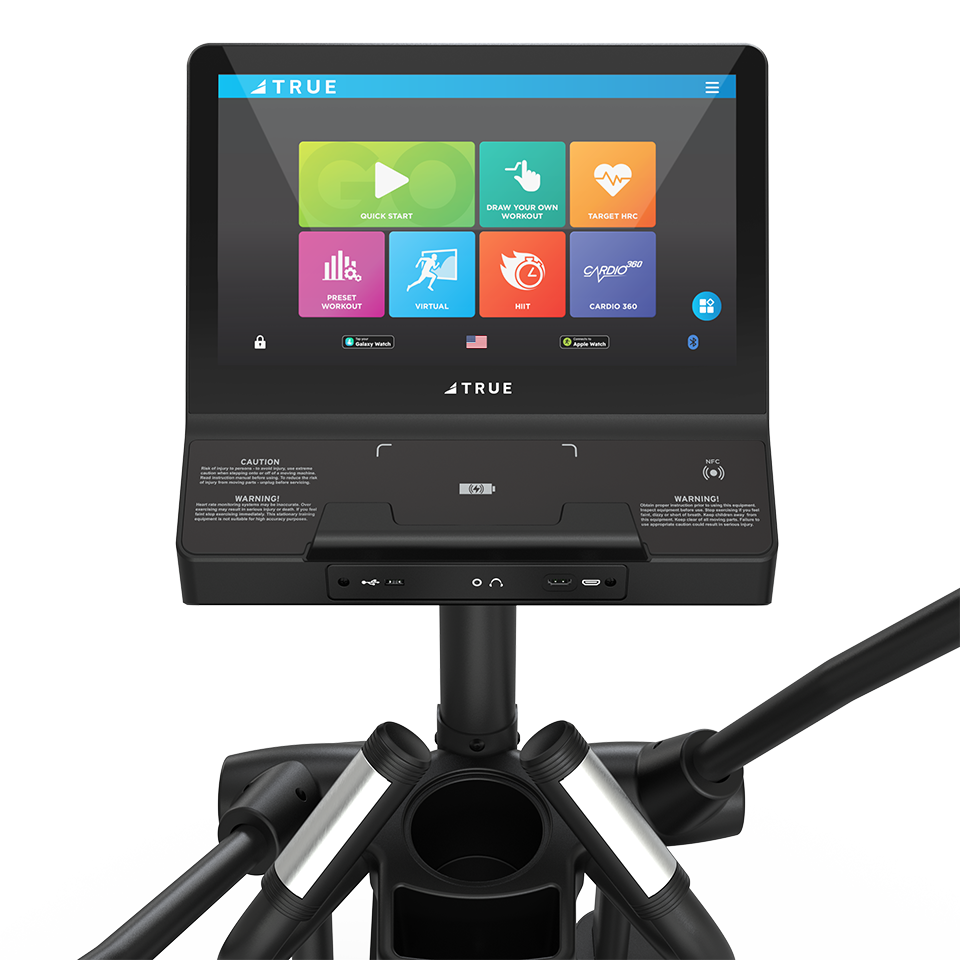 True Fitness Launch Elliptical – user view, Unite 16″ touchscreen