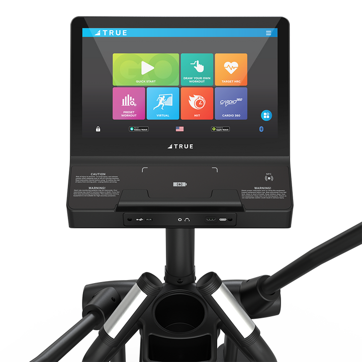 True Fitness Launch Elliptical – user view, Unite 16″ touchscreen
