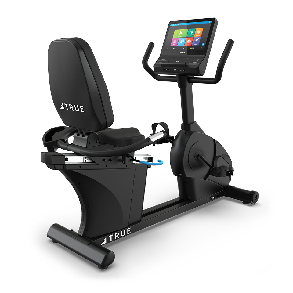 True Fitness Launch Recumbent Bike with 16″ touchscreen – rear 3/4 view