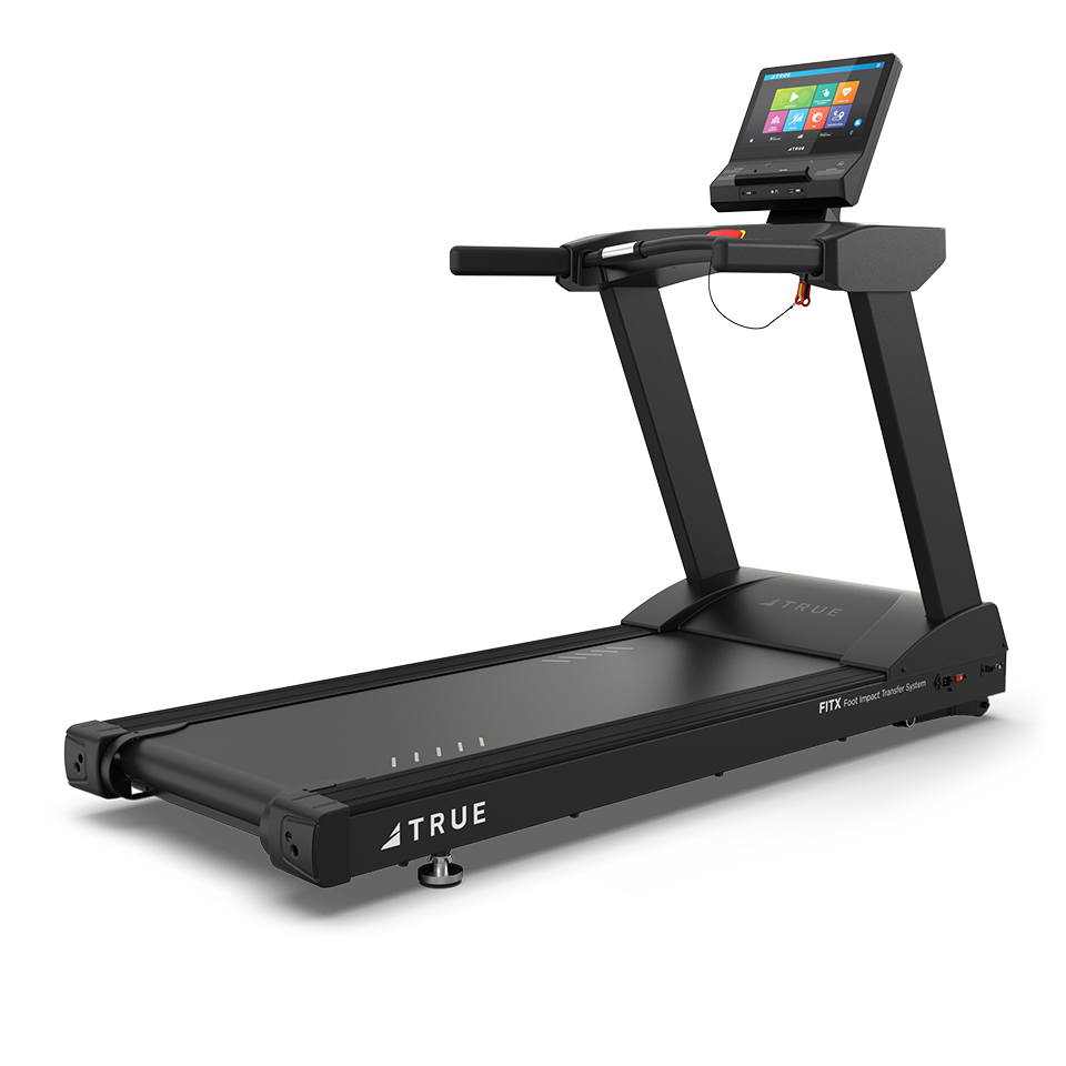 True Fitness Launch Treadmill with 16″ touchscreen – rear 3/4 view