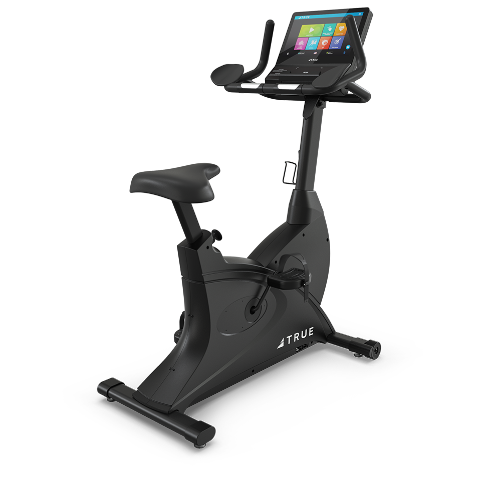True Fitness Launch Upright Bike with 16″ touchscreen – rear 3/4 view