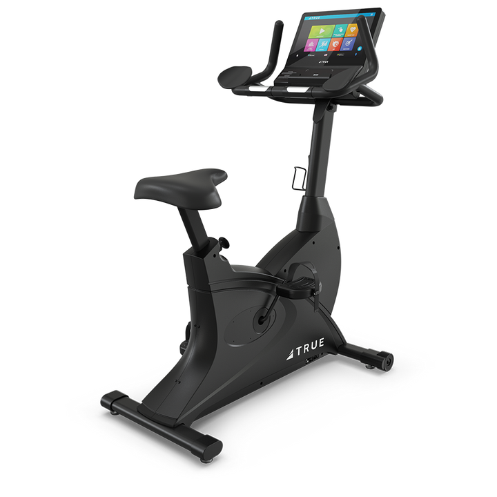 True Fitness Launch Upright Bike with 16″ touchscreen – rear 3/4 view