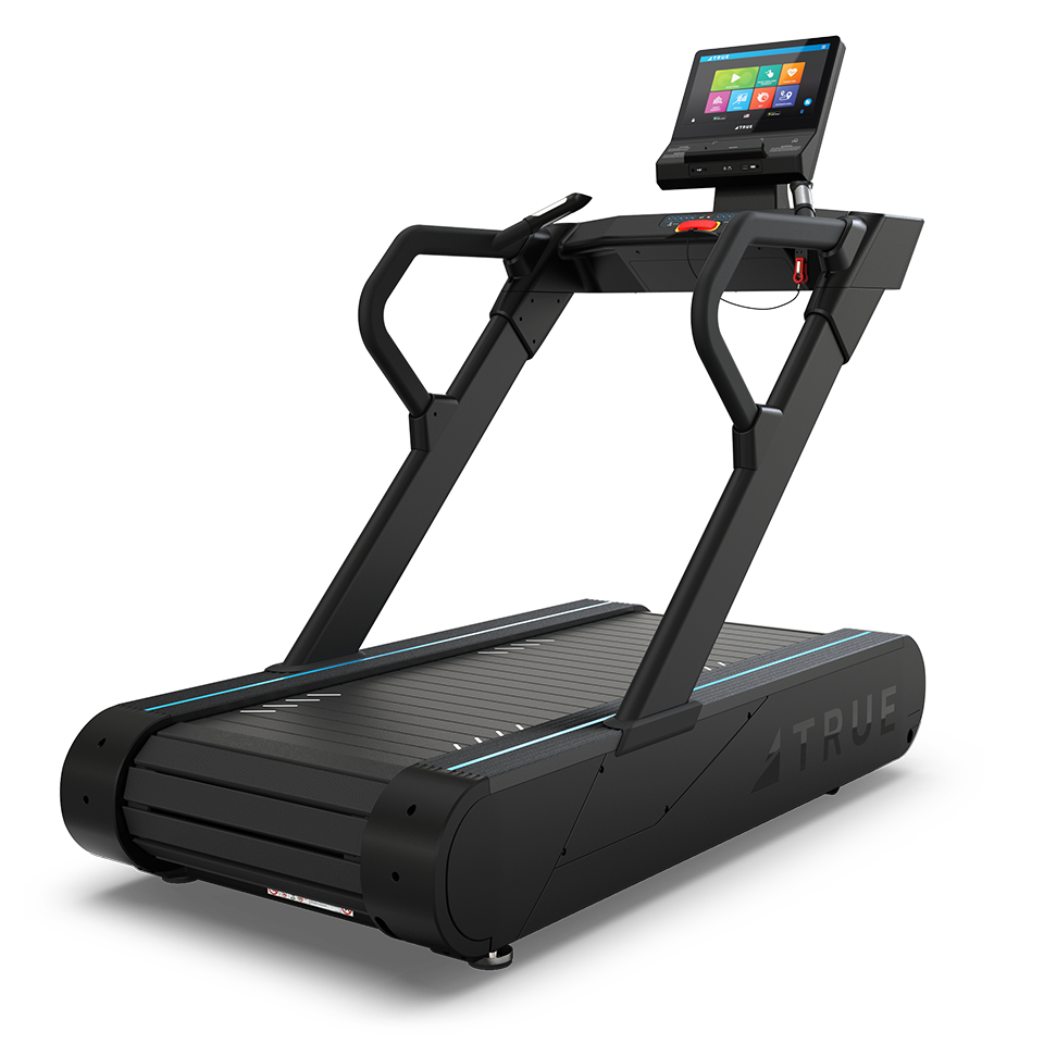 True Fitness Stryker Slat Treadmill with 16″ touchscreen – rear 3/4 view