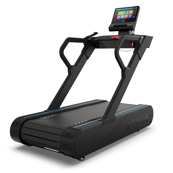True Fitness Stryker Slat Treadmill with 16″ touchscreen – rear 3/4 view